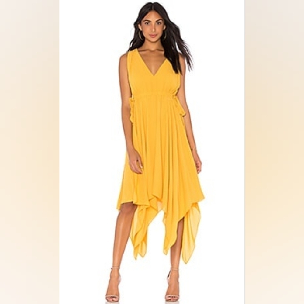 BCBGMaxAzria Flowy Side Ties Handkerchief Hem In Goldenglow Yellow Dress XXS